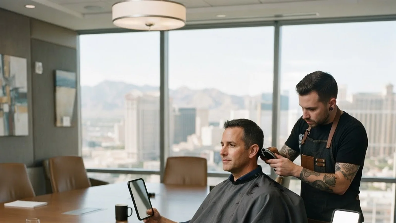 Professional mobile barber providing executive grooming in Vegas boardroom