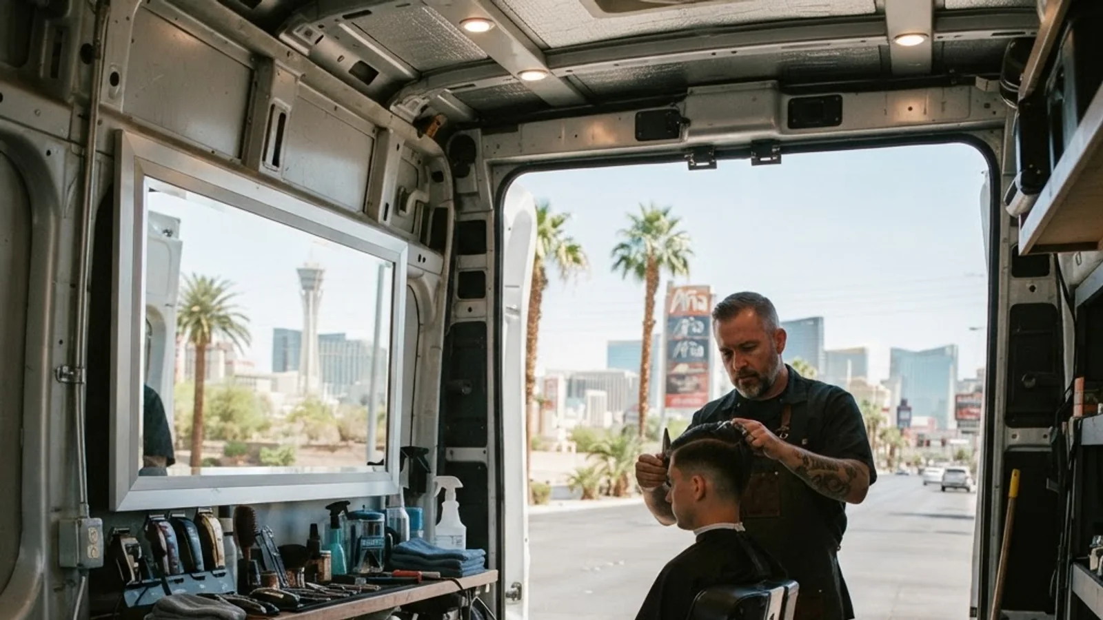 SLYYYDEKUTZ mobile barber van serving Las Vegas neighborhoods
