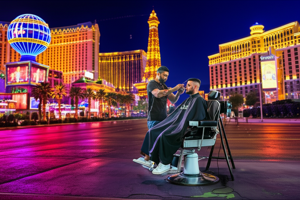 SLYYYDEKUTZ mobile barber service on Las Vegas Strip