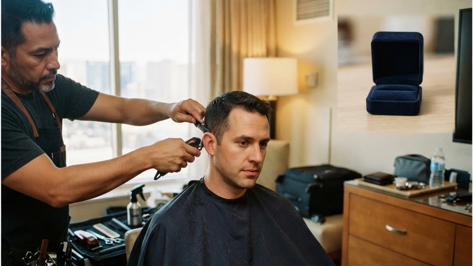 Mobile barber service before wedding proposal at Bellagio fountains Las Vegas
