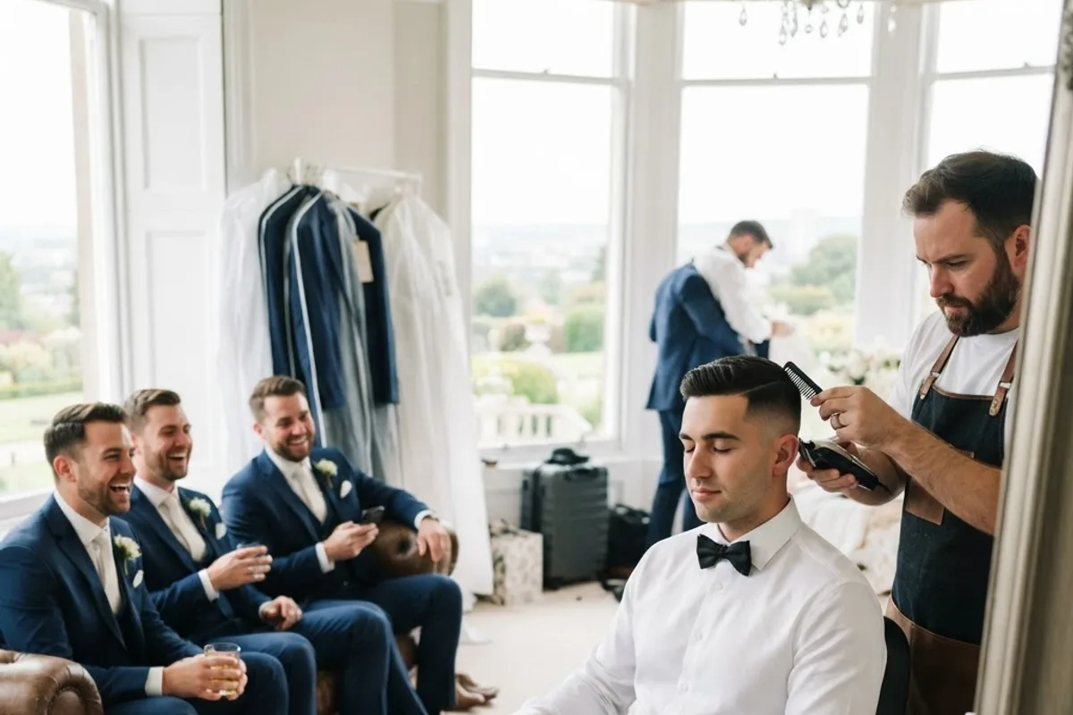 Mobile barber lining up the groom and groomsmen before a wedding