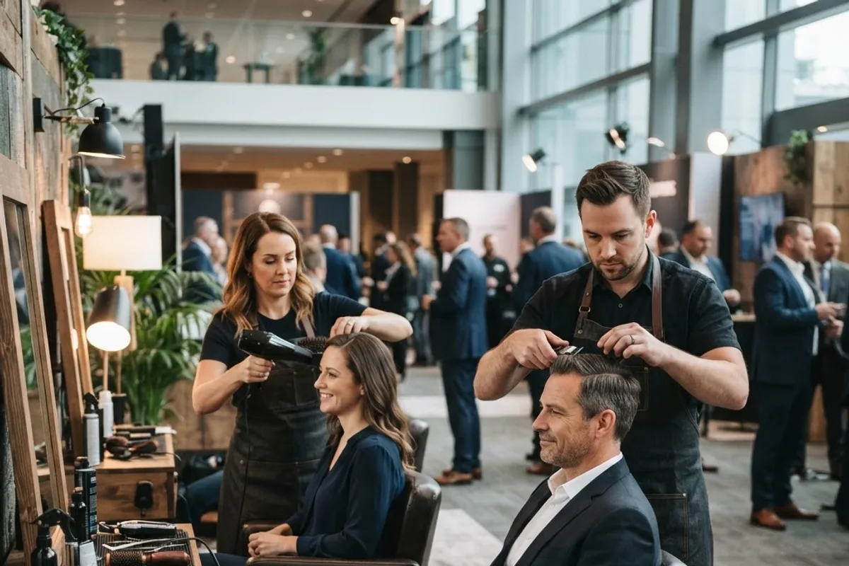 Mobile grooming lounge with barbers and stylists at a corporate event