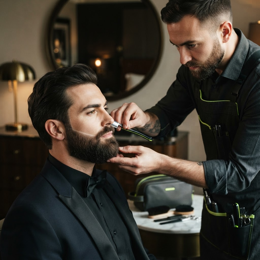 Barber detailing a full beard and cheek line at a hotel