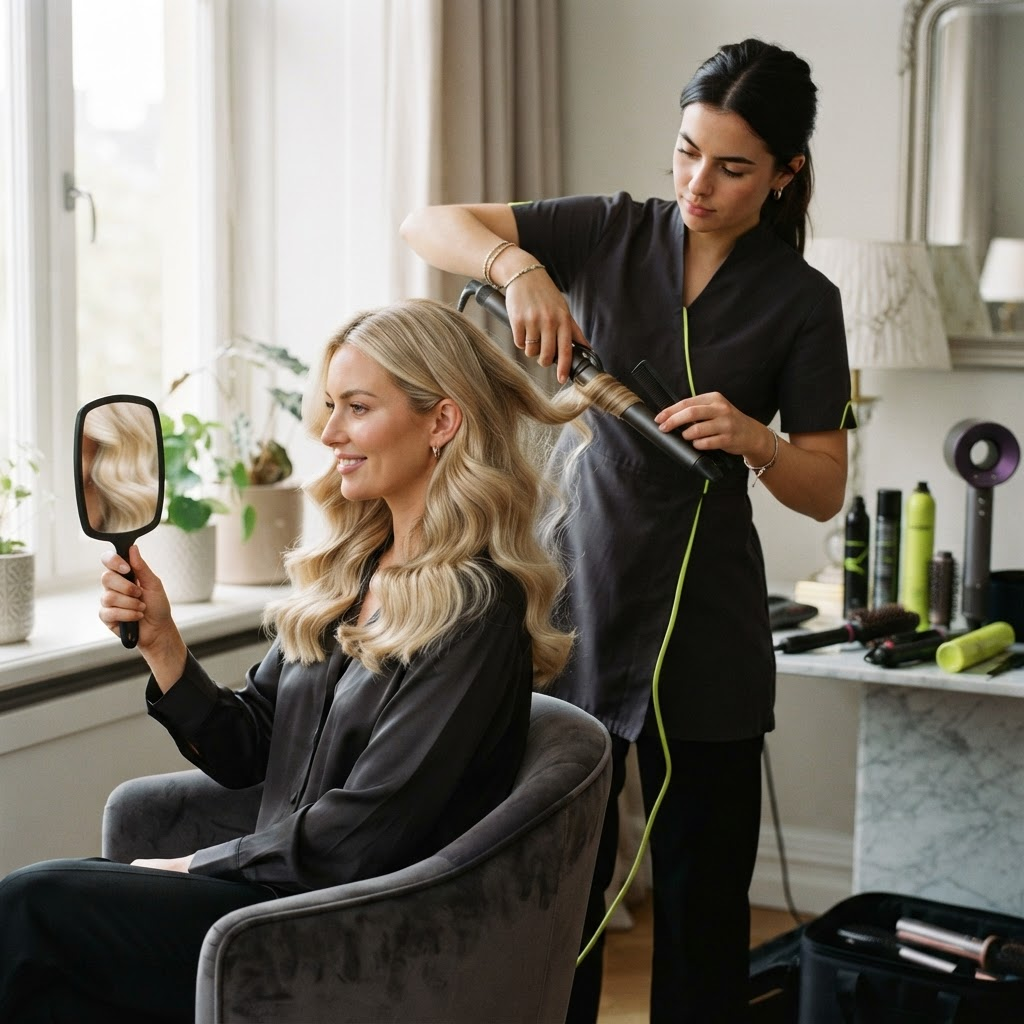 Soft blonde waves styled during a home appointment