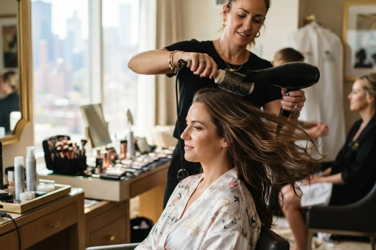 House-call hairstylist giving a smooth blowout before an event
