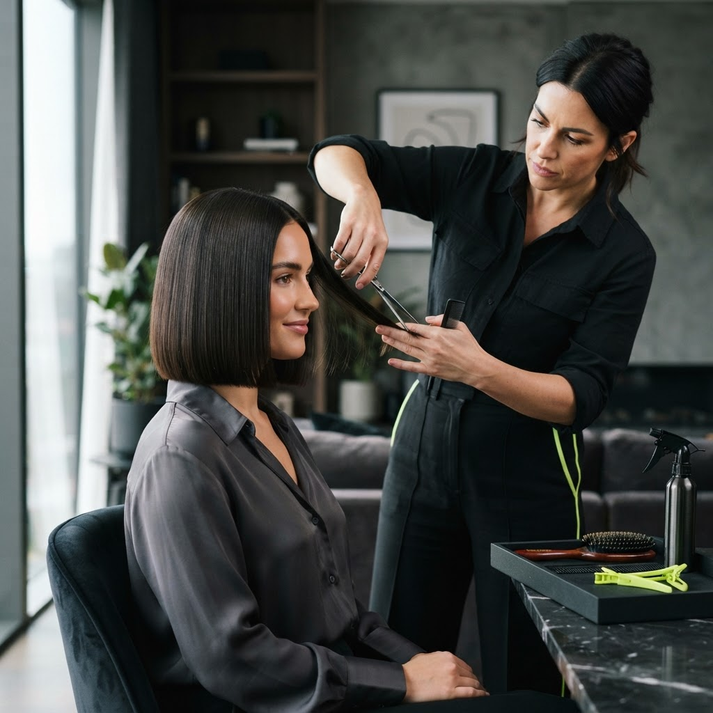 Sleek blunt bob haircut finished during a house-call appointment