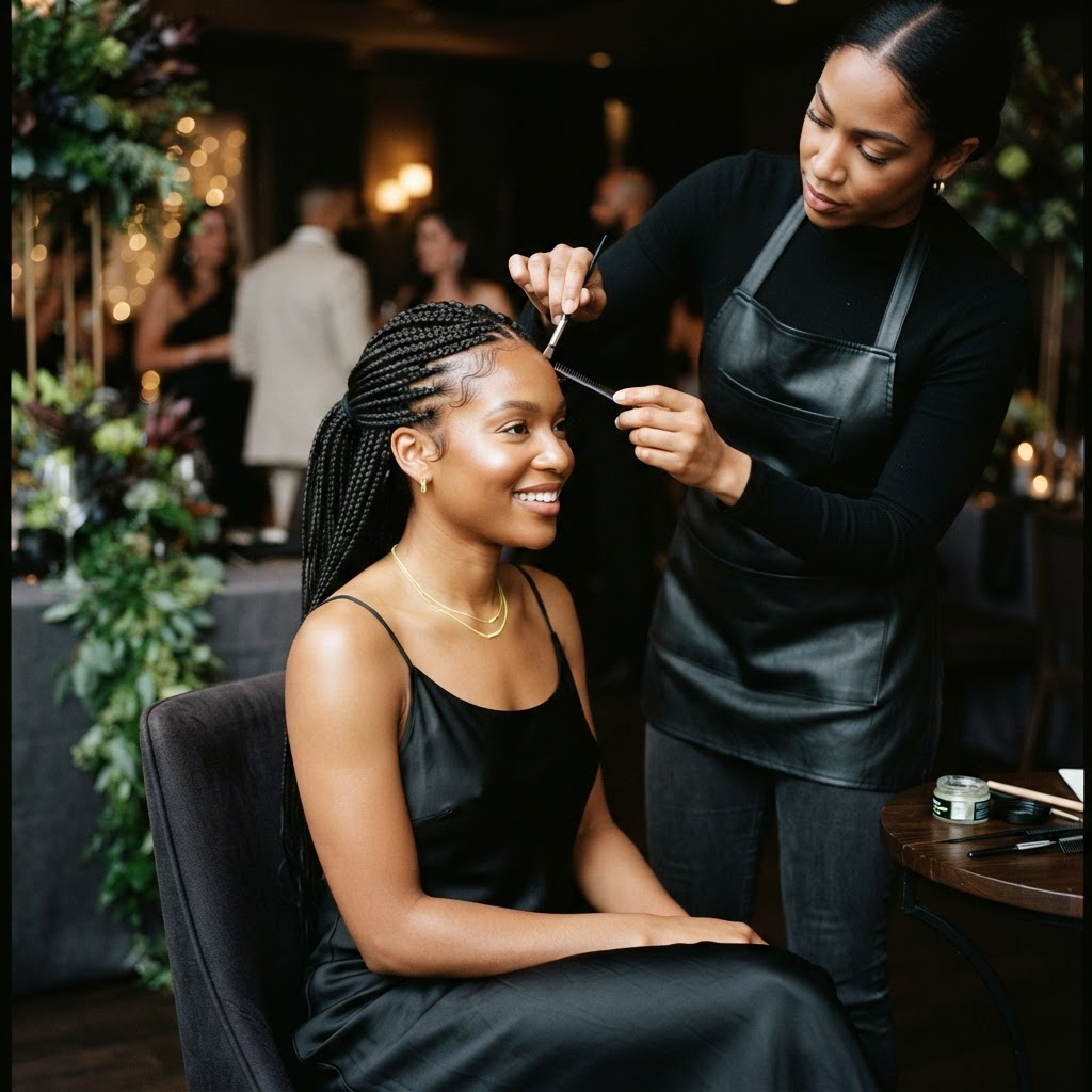 Box braids receiving final edge styling before a celebration