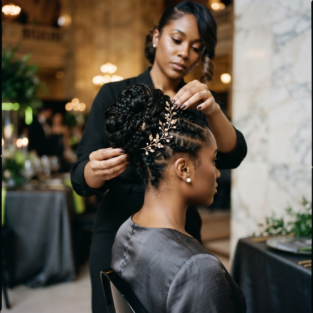 Intricate braided updo finished for a formal event