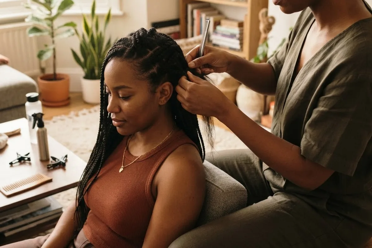 Hairstylist creating braids during a house-call appointment