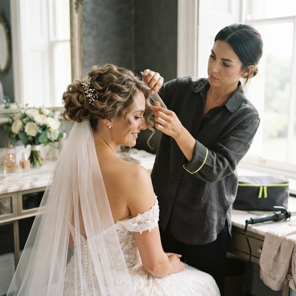 Romantic pinned bridal curls adjusted before a ceremony