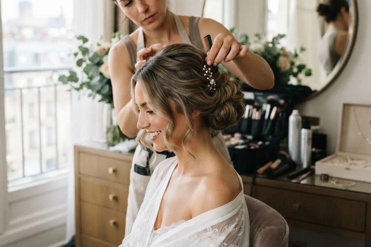 Mobile hairstylist finishing a bridal updo for a wedding at the venue