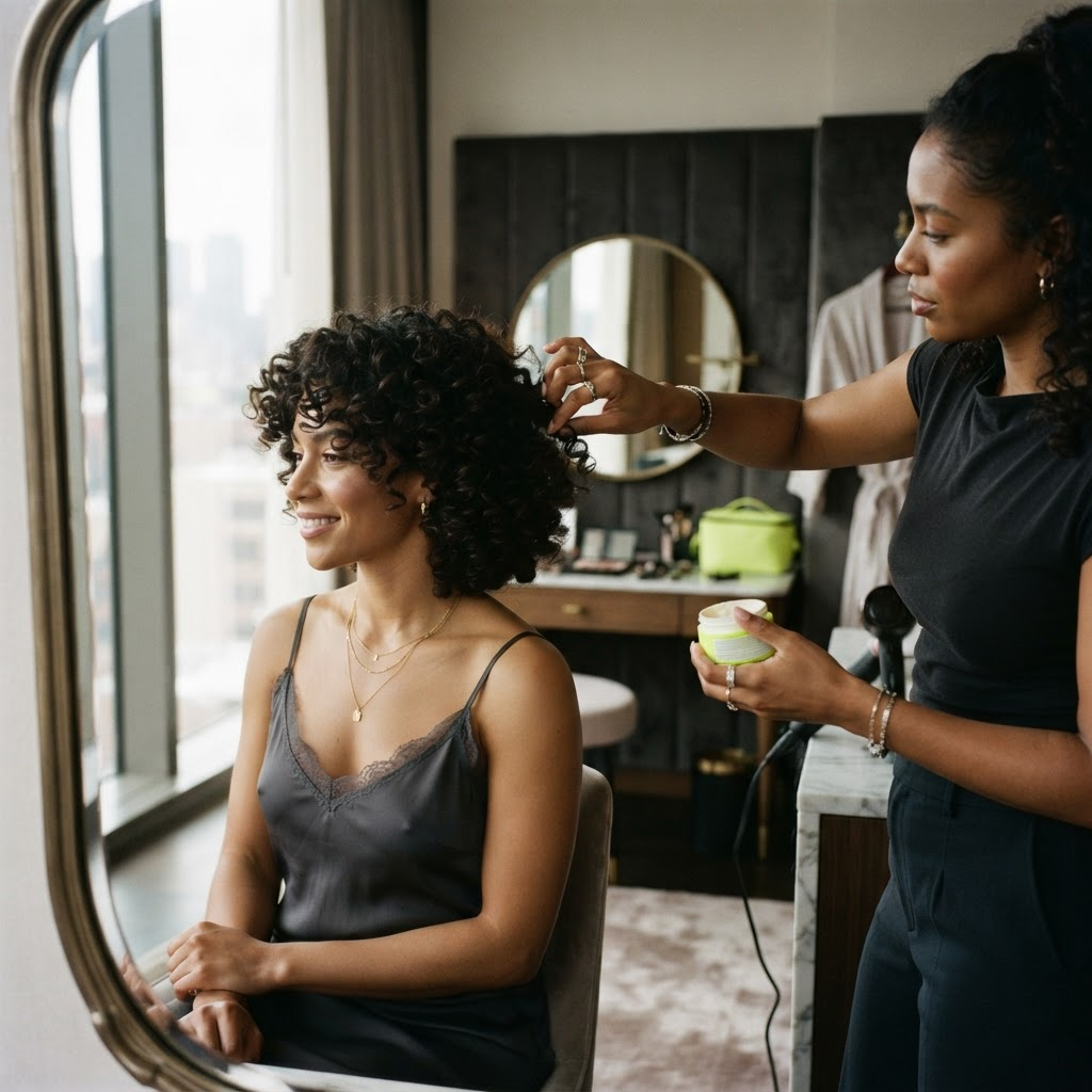 Voluminous curly bob shaped for an event