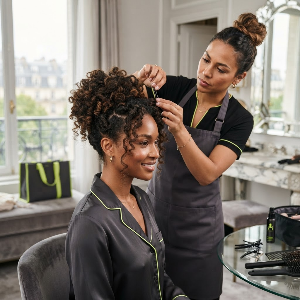 Curly updo finished by a mobile hairstylist in a hotel suite