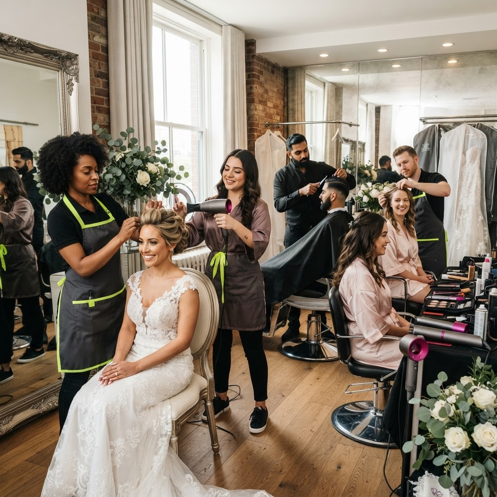 Mobile barbers and hairstylists working together in a wedding room