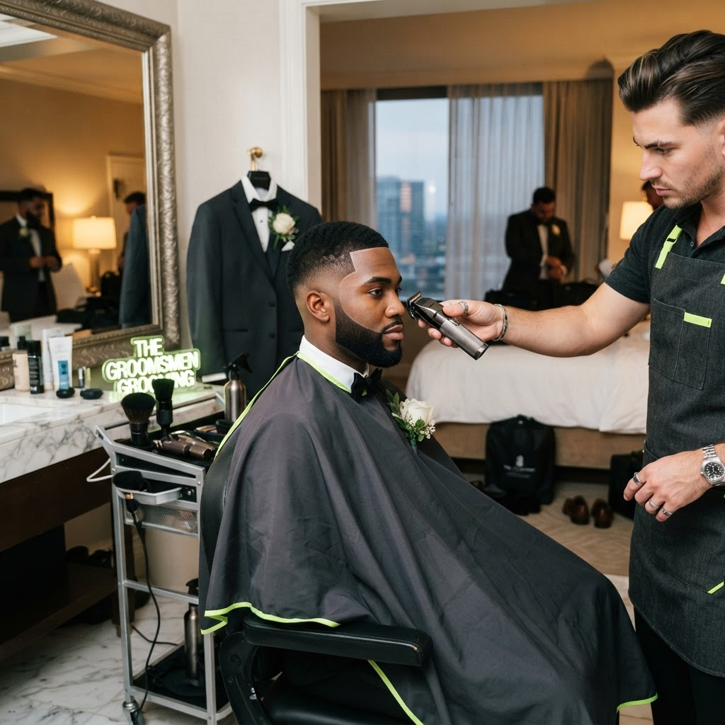 Clean fade and beard line-up finished before a wedding