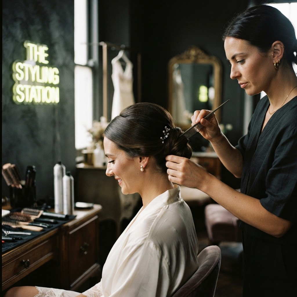 Elegant French twist being finished before a wedding