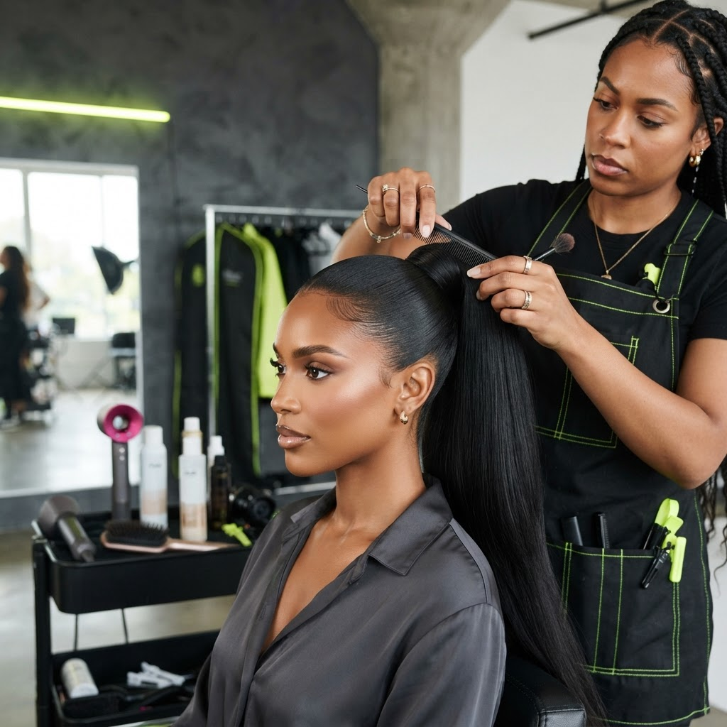 Sleek high ponytail finished before a photoshoot