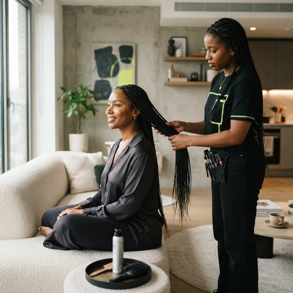Long knotless braids checked during a house-call appointment