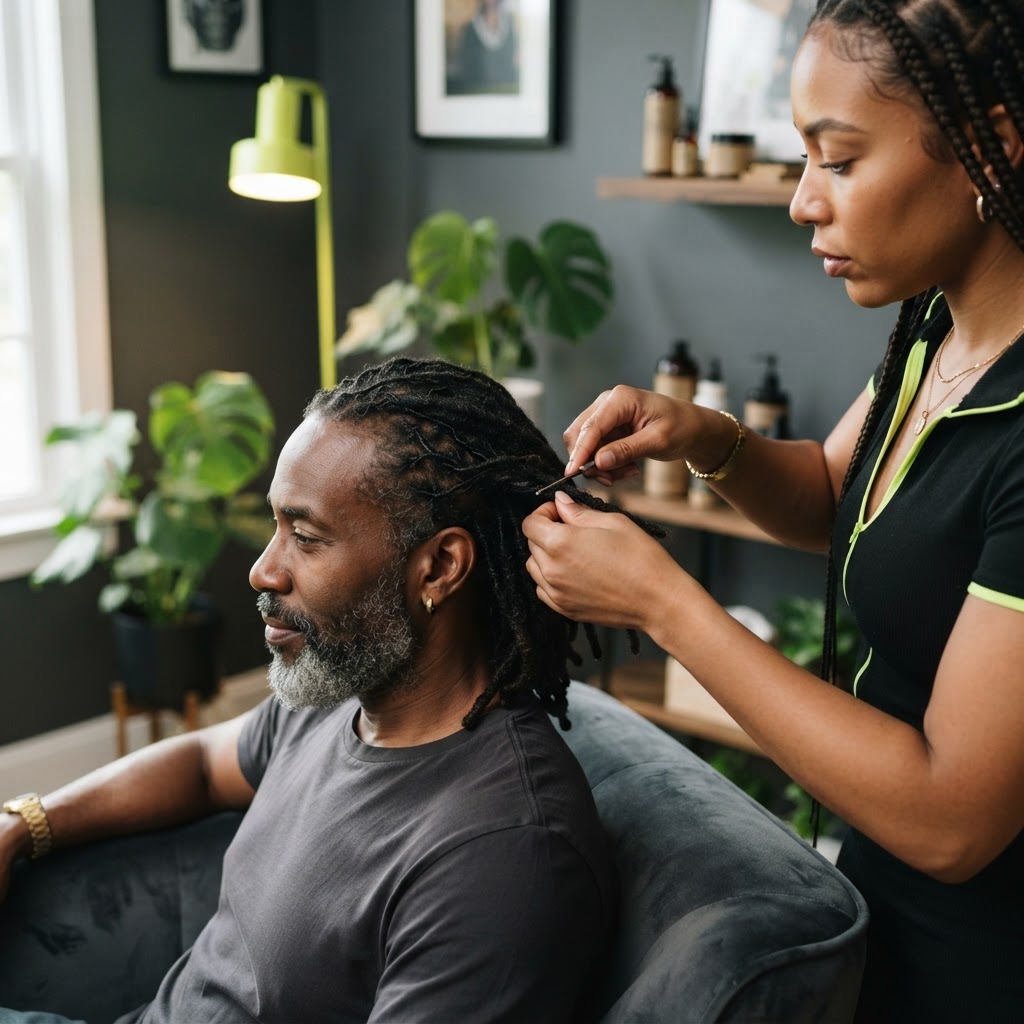 Neat loc maintenance performed during an at-home grooming appointment