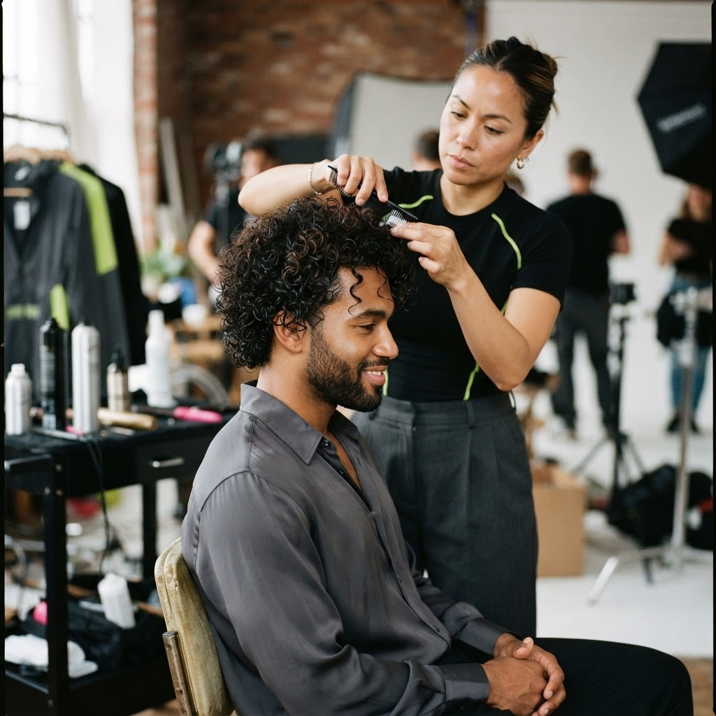Medium-length natural curls styled before a photo shoot
