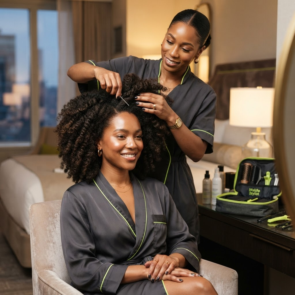Defined natural twist-out shaped by a mobile hairstylist