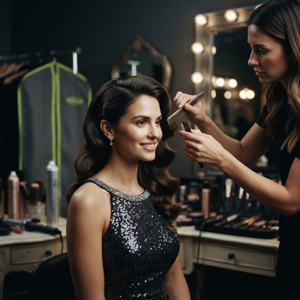 Elegant side-swept hairstyle finished for a gala