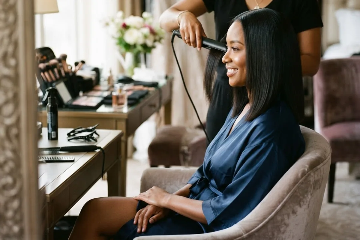 Mobile hairstylist styling a silk press before a gala