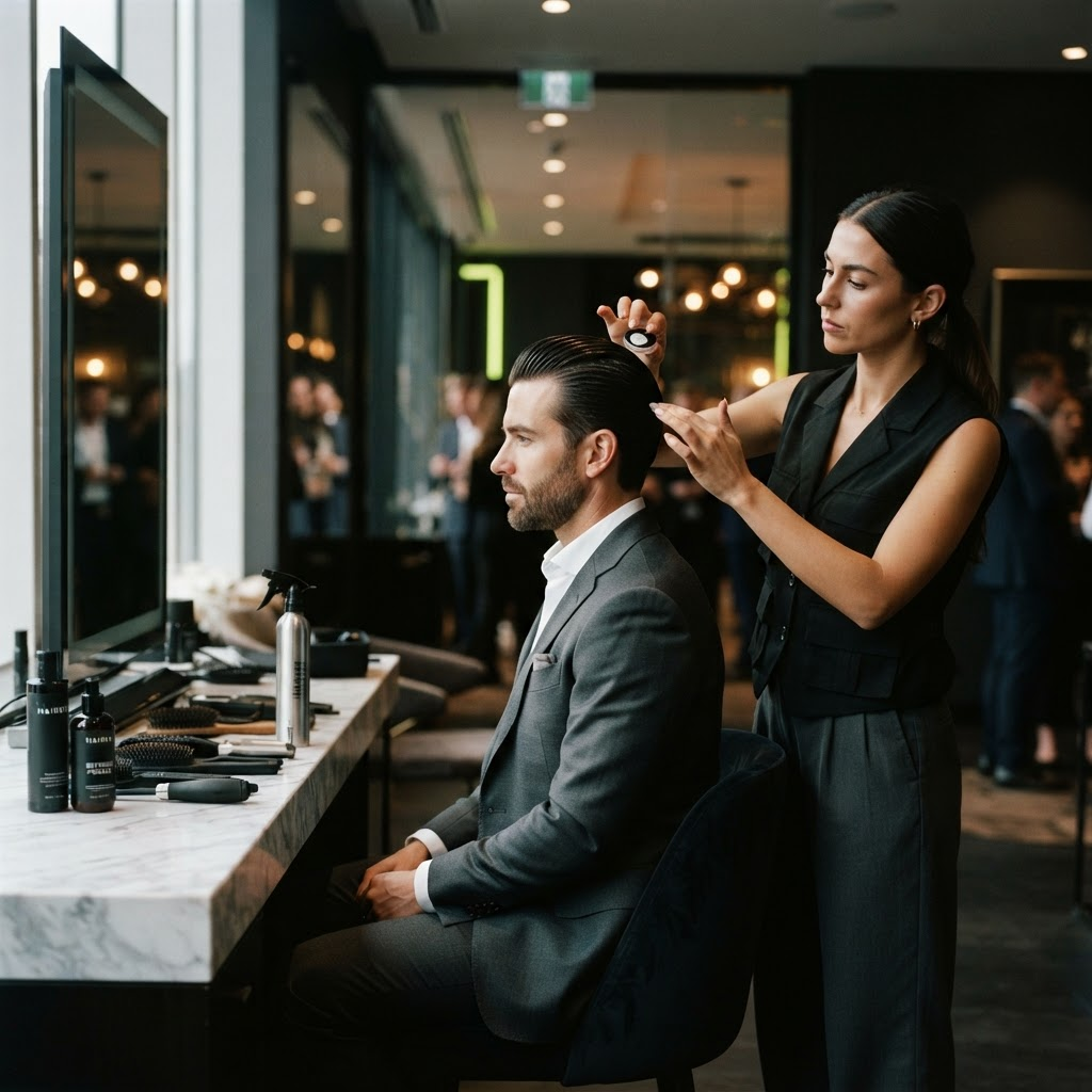 Refined slick-back hairstyle finished before a corporate event